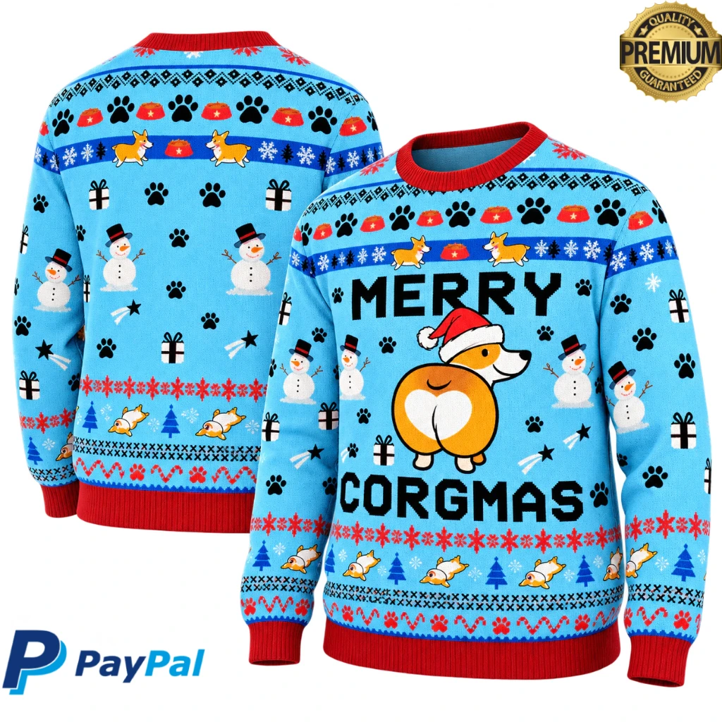 Merry Corgmas Cute Corgi Blue Christmas Sweater